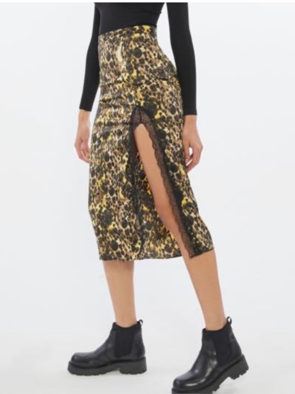 Urban Outfitters Black and Yellow Leopard-Print Midi Skirt with Lace Trim